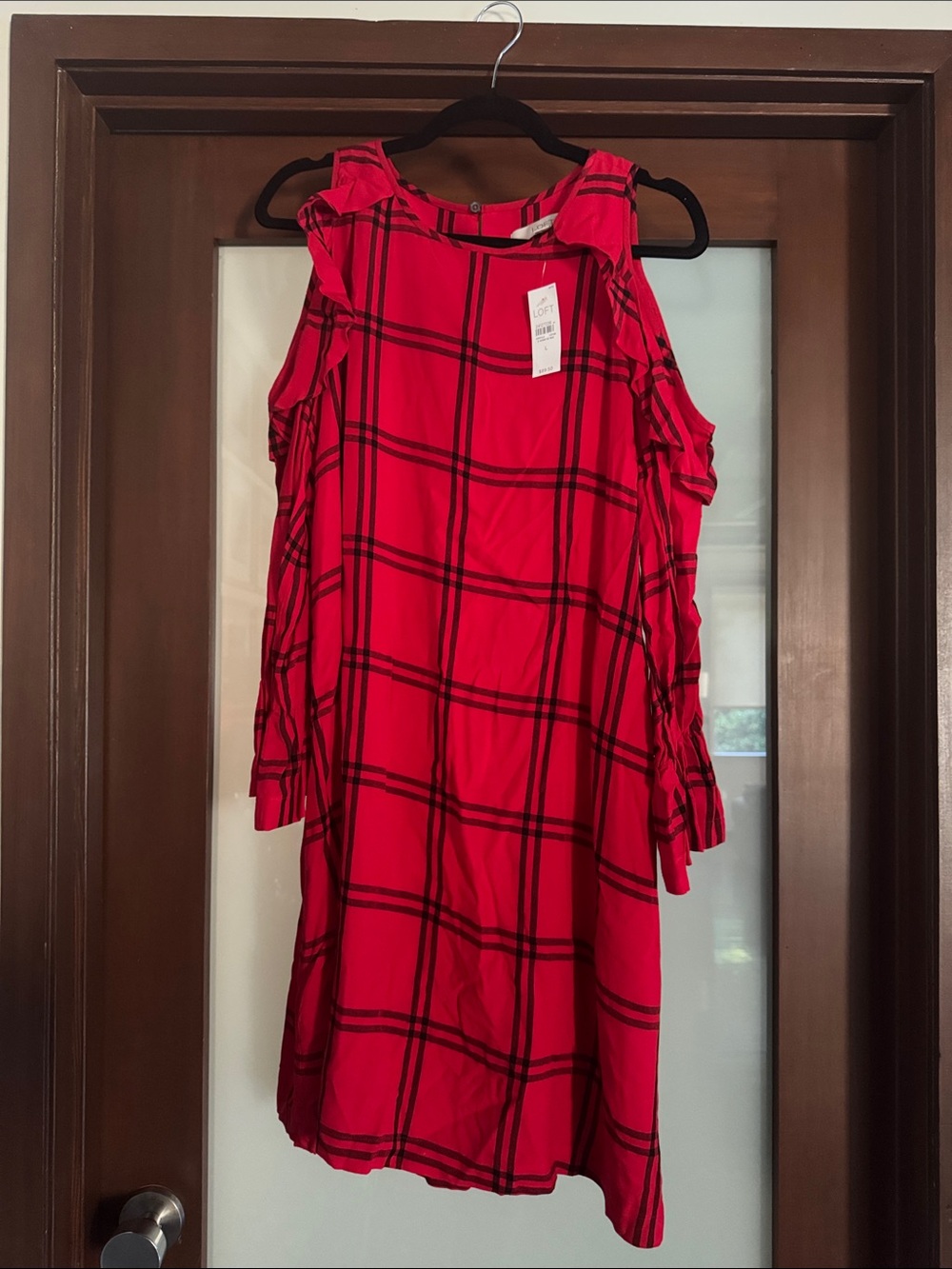 LOFT Red Plaid Cold-Shoulder Shift Dress